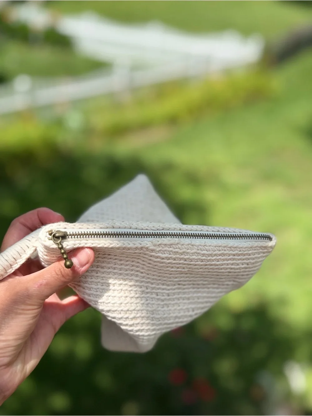 Hand Crafted Cream Woven Triangle Wristlet with Wrapped Ring Handle
